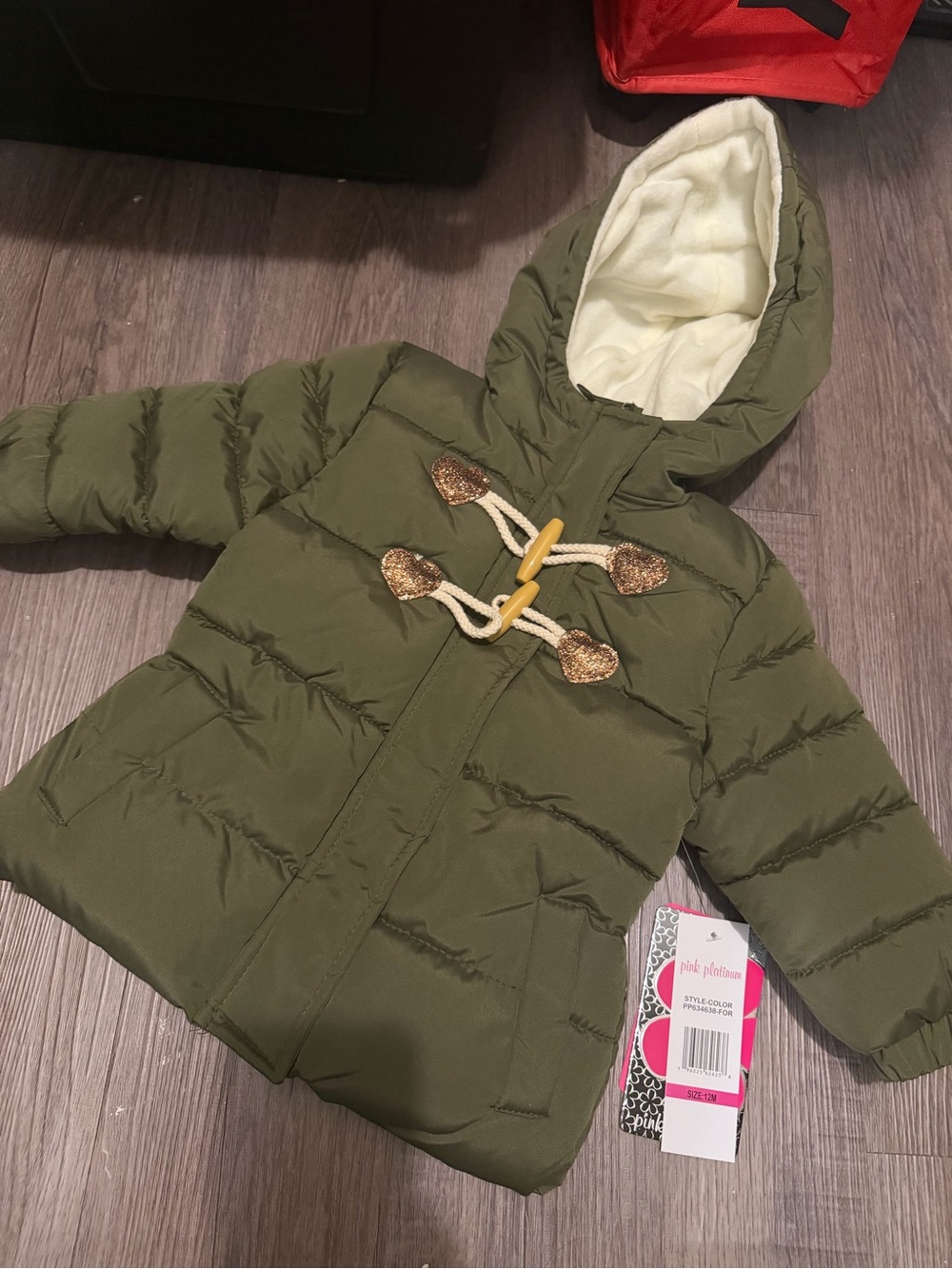 Pink Platinum Olive Hooded Puffer Coat- 12 month- nwt